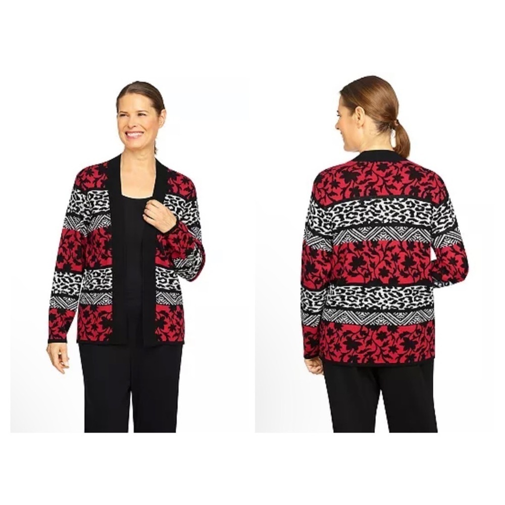 Alfred Dunner Geometric Print Cardigan Sweater Size Large Red/Black - Picture 2 of 5